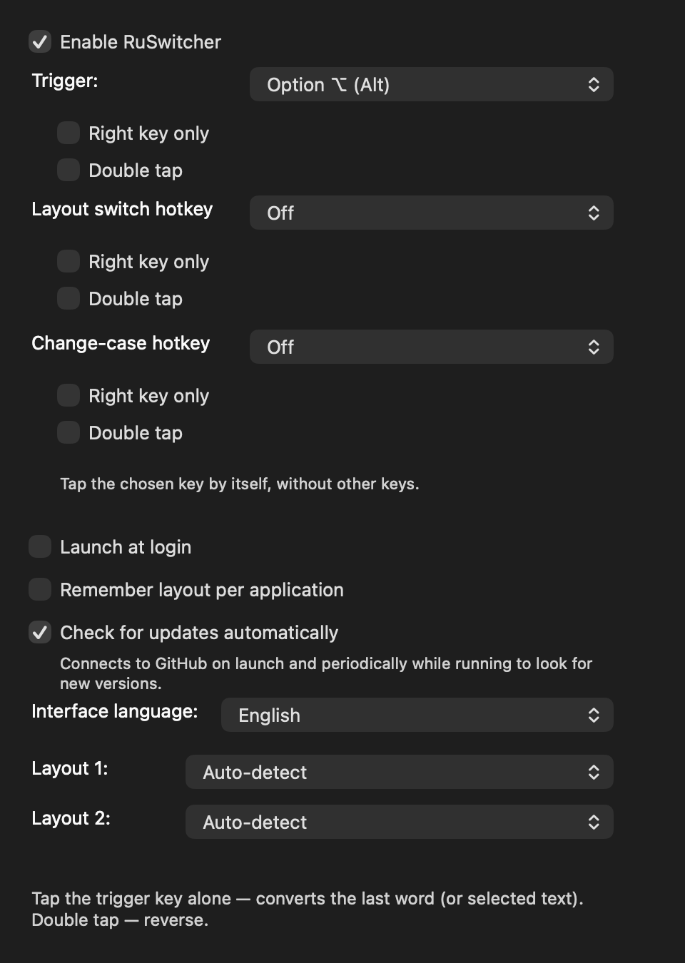 RuSwitcher settings window